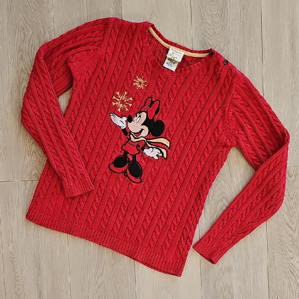 Vintage Disney Store Christmas Winter Minnie Mouse Red Cable Knit Sweater, Small